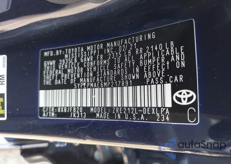 2021 Toyota Corolla Le из США, поврежденный, VIN 5YFEPMAE6MP217891